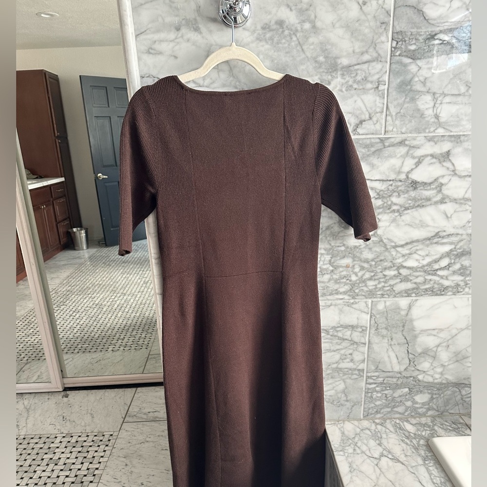 🤎 Ann Taylor Chocolate brown Midi Short Sleeve Square Neck Sweater Dress - Picture 3 of 4